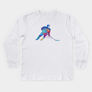 Ice Hockey Player Girl Watercolor Silhouette Kids Long Sleeve T-Shirt